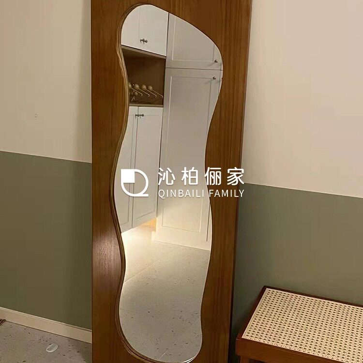 现代中古实木边框穿衣镜ins风民宿壁挂拍照落地镜家用卧室全身镜