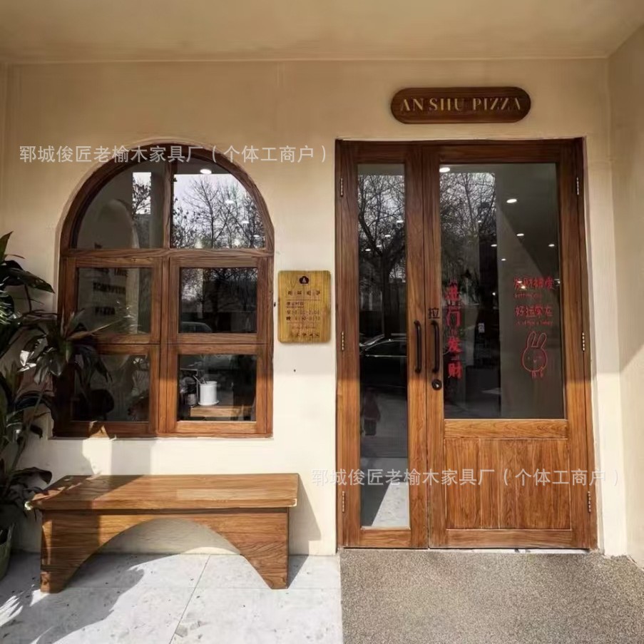 实木做旧窗户多规格面包咖啡店复古风榆木玻璃门窗架折叠实木窗框
