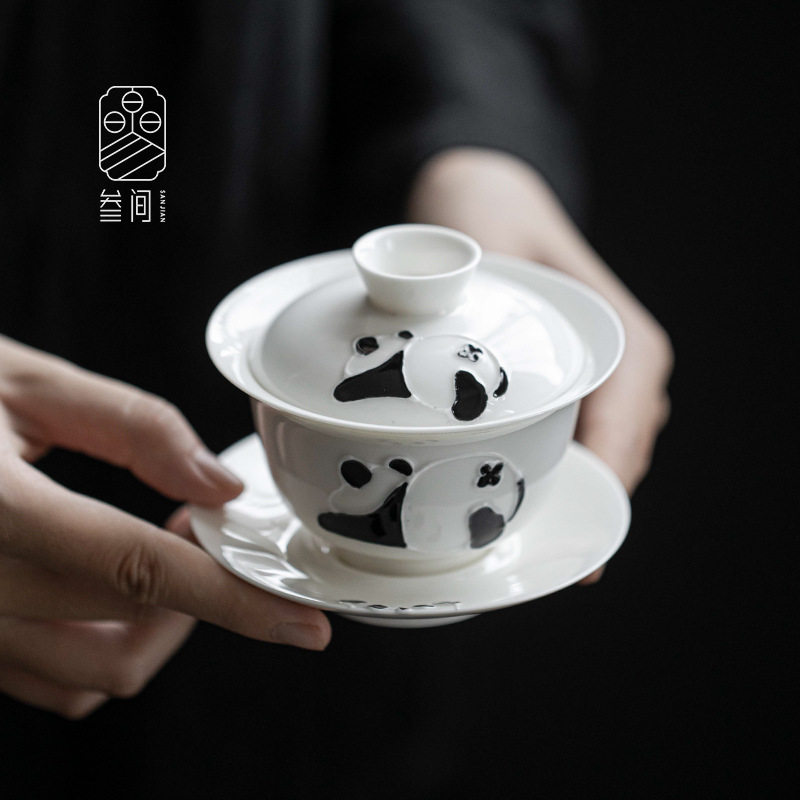 叁间手绘熊猫陶瓷三才盖碗茶杯单个可爱泡茶碗不烫手敬茶碗泡茶器