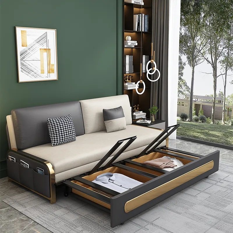 可折叠沙发床两用轻奢科技布单双人网红多功能客厅小户型实木储物