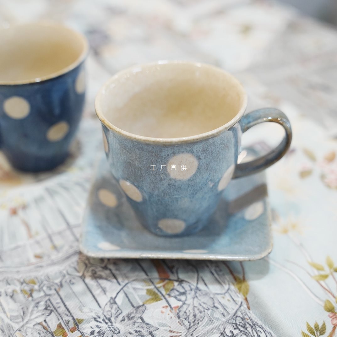 KAKUNI水玉波点丸点批发复古蓝色圆点粗陶瓷茶壶马克杯子