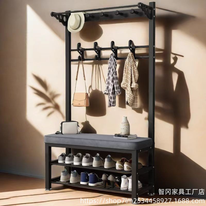 换鞋凳家用简易轻奢衣帽架玄关置物架衣架落地立式可坐软包多功能