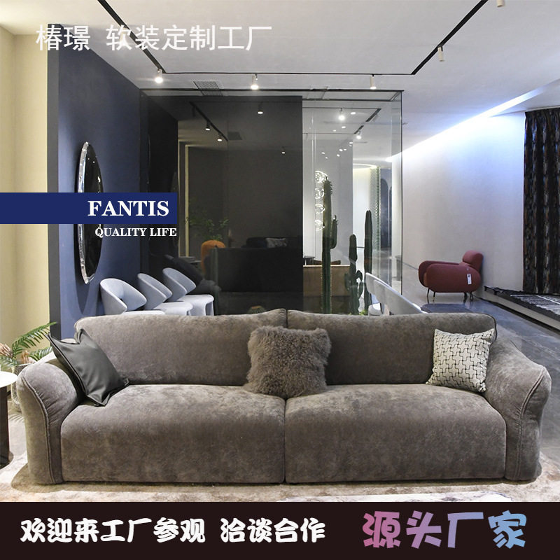 意式简约灰色布艺沙发民宿酒店样板房设计师别墅客厅直排组合沙发