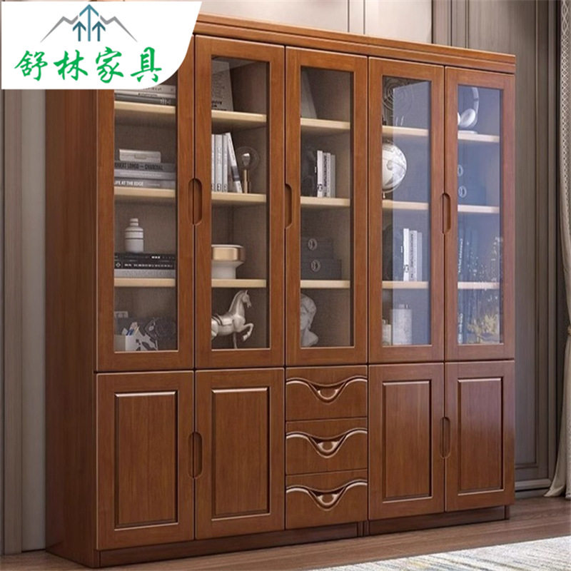 新中式实木书柜家用落地带玻璃门靠墙置物架现代简约收纳柜展示柜