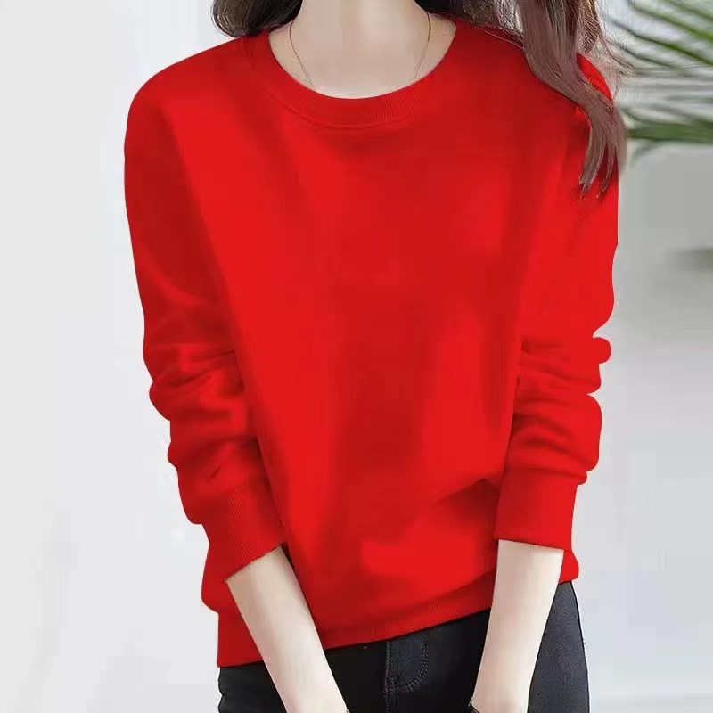 红色卫衣女春秋纯棉正肩宽松显瘦圆领套头衫加绒长袖妈妈装女上衣