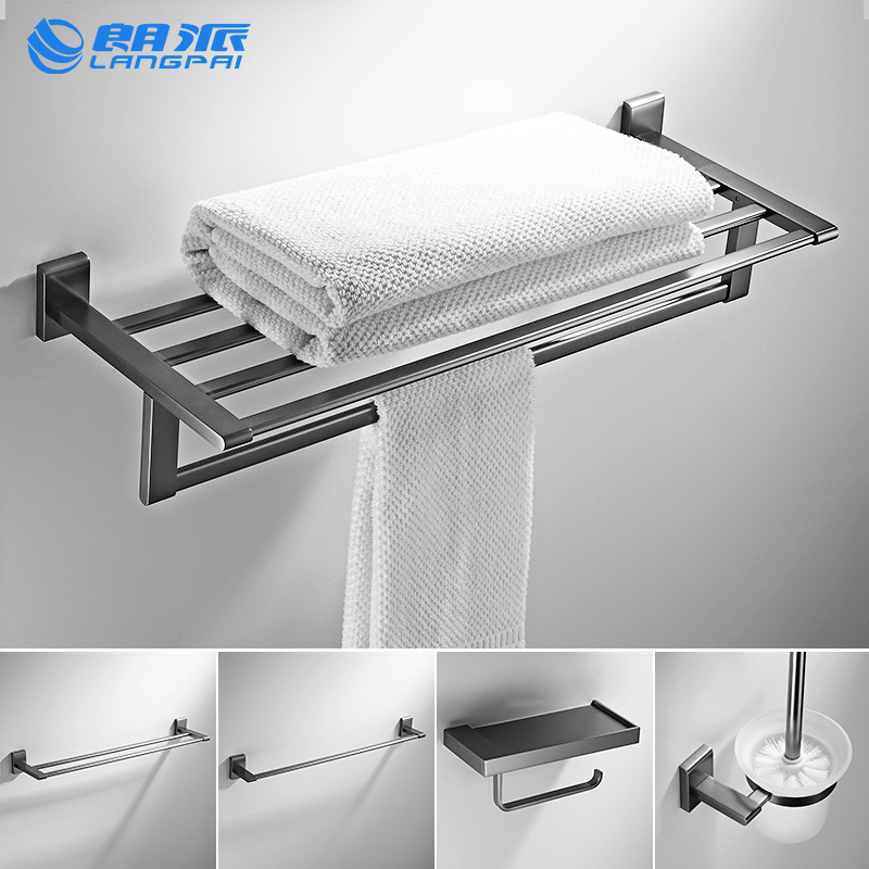 全铜浴巾架灰色毛巾架浴t室置物架卫浴五金挂件套装手巾收纳壁挂