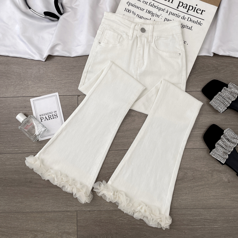 白色牛仔裤女夏g季薄款2024年新款小个子八分蕾丝花边拼接微喇叭