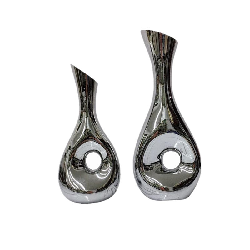 现代简约斜口玻璃电镀银色花器银色花瓶摆件样板房售楼处软装饰品
