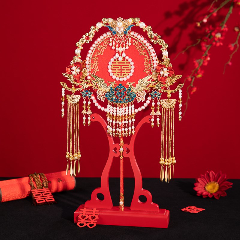 舞绣缘团扇重工高级新娘结婚出嫁手捧花新中式红色喜扇diy材料包