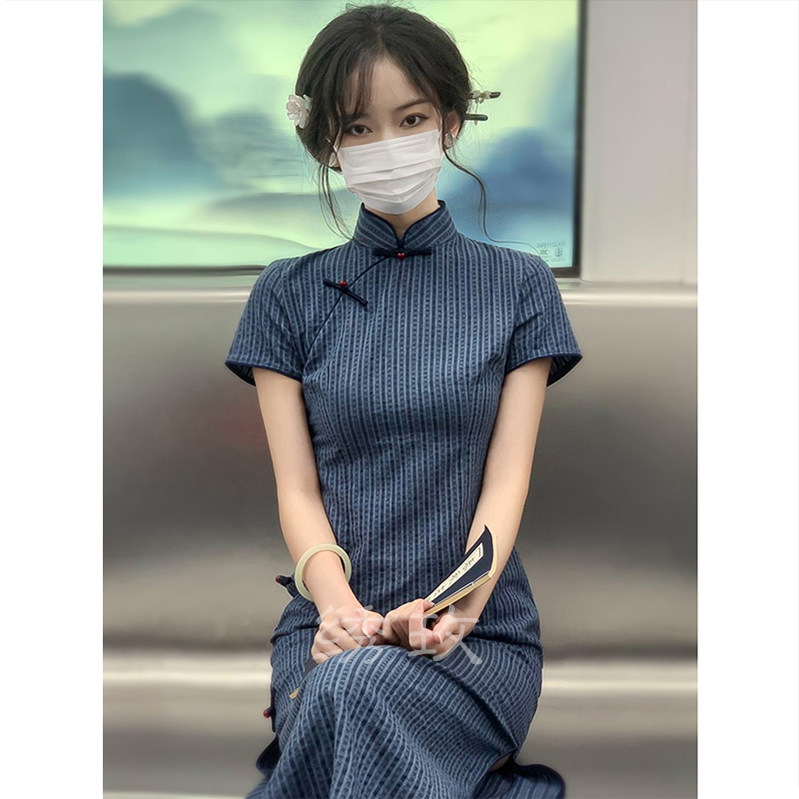 蓝色旗袍改良g年轻款少女高级感棉麻连衣裙2024年夏季新款气质优图片