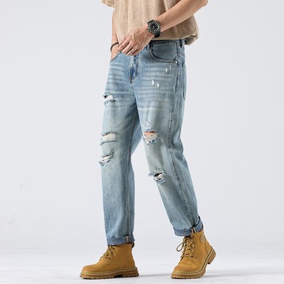 美式高街潮牌破洞牛仔裤男生宽松直筒长裤子2025春夏新款浅色裤子