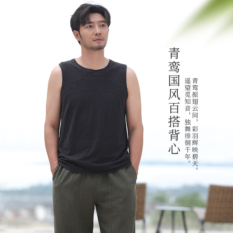 楠新中式背心男夏季2024新款坎袖棉麻挂挂爸爸背心两道筋T恤青鸾
