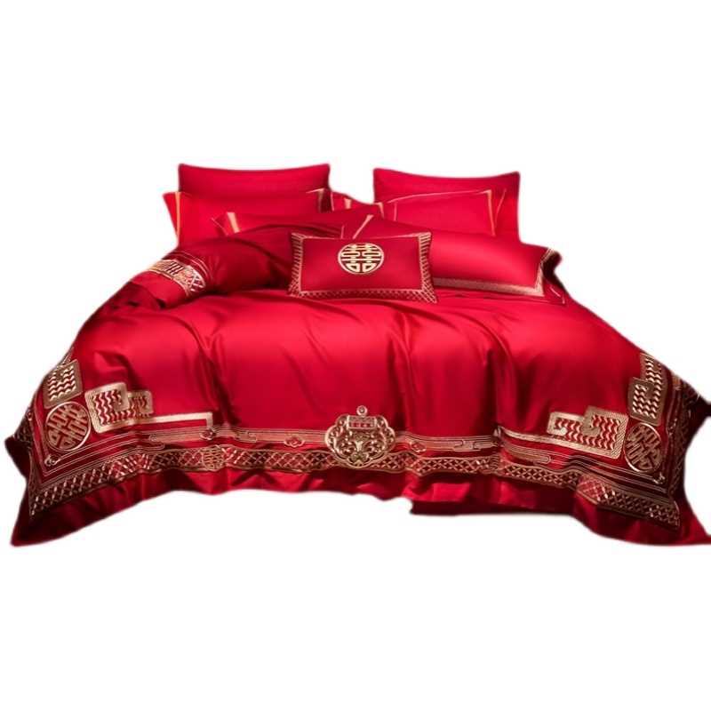 新品奢华大红新婚床上四件套婚庆被套F全棉纯棉结婚喜被婚嫁高档