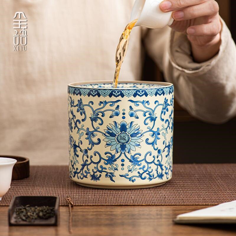 中式汝窑缠枝莲开片可养陶瓷烟灰缸带盖建水水盂茶渣缸茶道配件