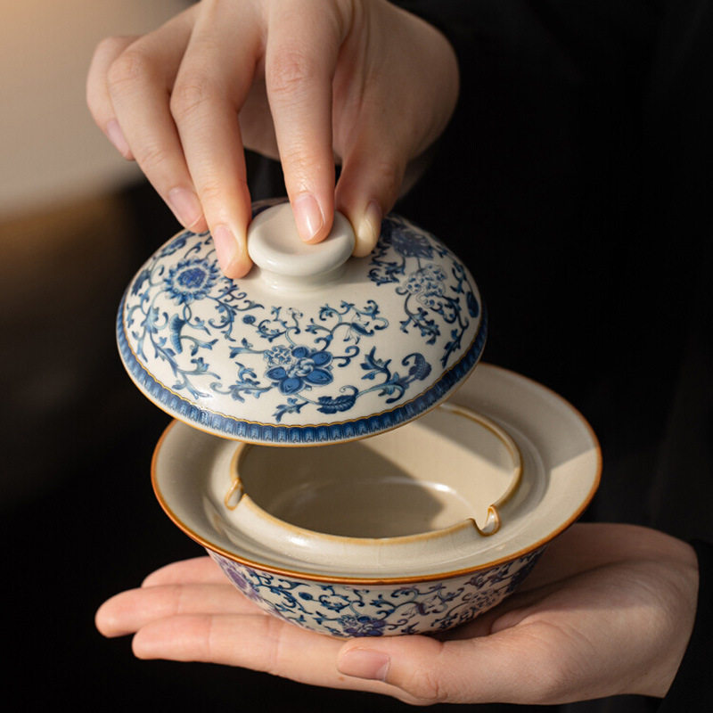 汝窑青花缠枝莲陶瓷烟灰缸家用客厅带盖防飞烟缸高级感中式装饰品