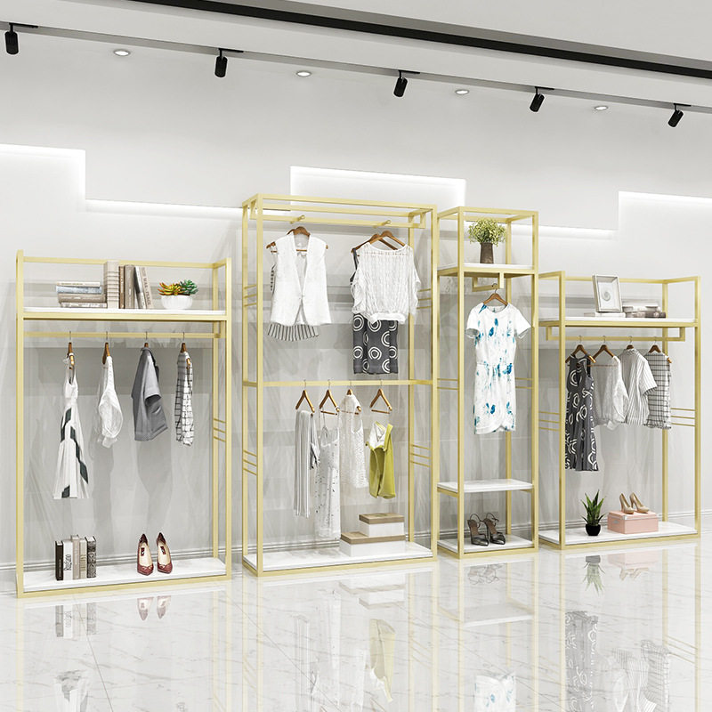 服装店展示架双层铁艺金色陈列架落地式男女服装货架时装店挂衣架