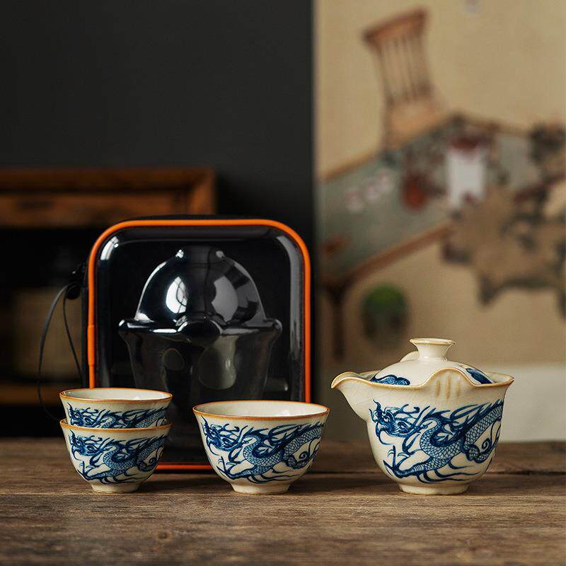 汝窑快客杯旅行茶具一壶三杯户外露营茶具套装喝茶装备陶瓷便携式