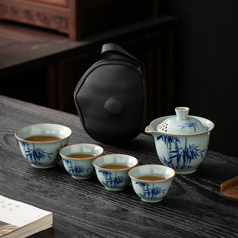 便携式旅行茶具套装户外简易手抓泡茶壶茶杯青花瓷露营汝窑快客杯
