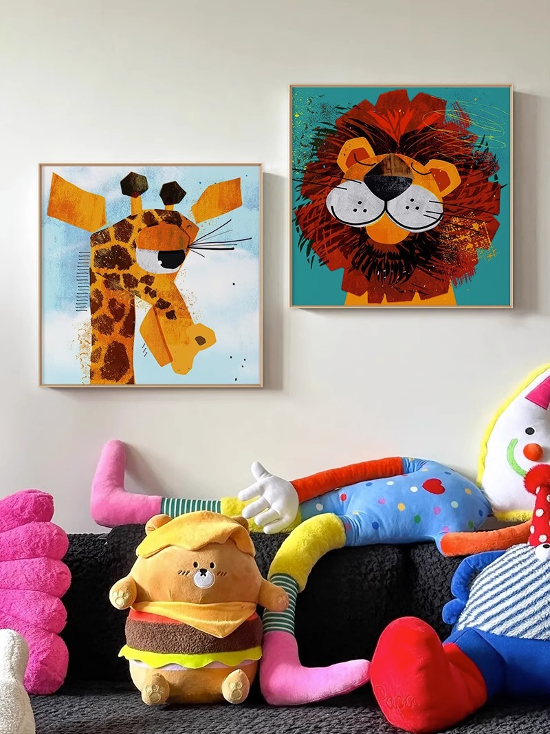 多巴胺彩色卡通动物儿童房装饰画女孩子房间桌面摆画床头挂画图片