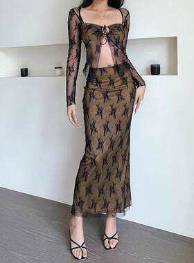 YY23490秋季新款性感透视蕾丝长袖上衣 时尚气质修身包臀长裙套装