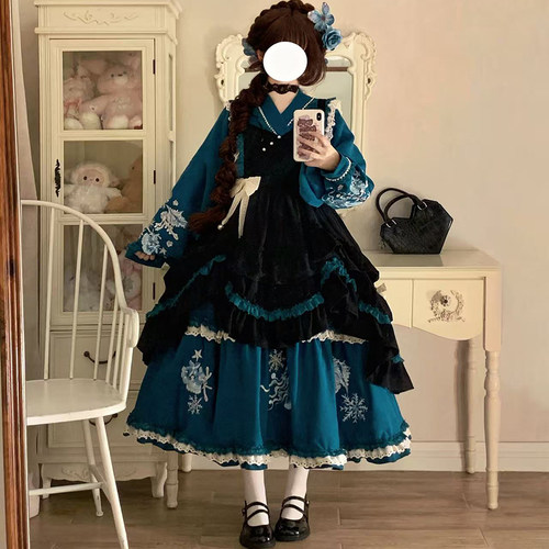 双月原创 蓝月岛 日常洛丽塔国风汉元素长袖lolita连衣裙罩裙套装