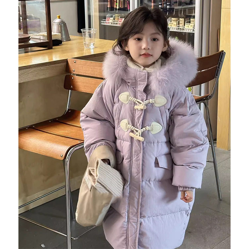 女童中长款棉服新款2024外套冬款毛领洋气宝宝棉衣棉袄牛角扣冬装