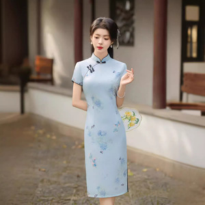 名媛高端2024春款中国风斜纹弹力棉中长款复古旗袍女装连衣裙显瘦