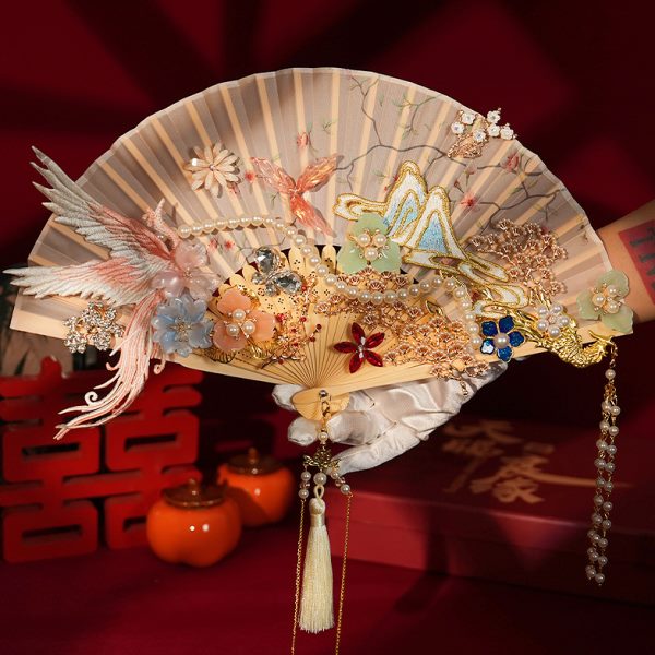 秀禾扇子成品手捧花扇折扇喜婚礼结婚扇高级香槟色拍照新娘团扇婚