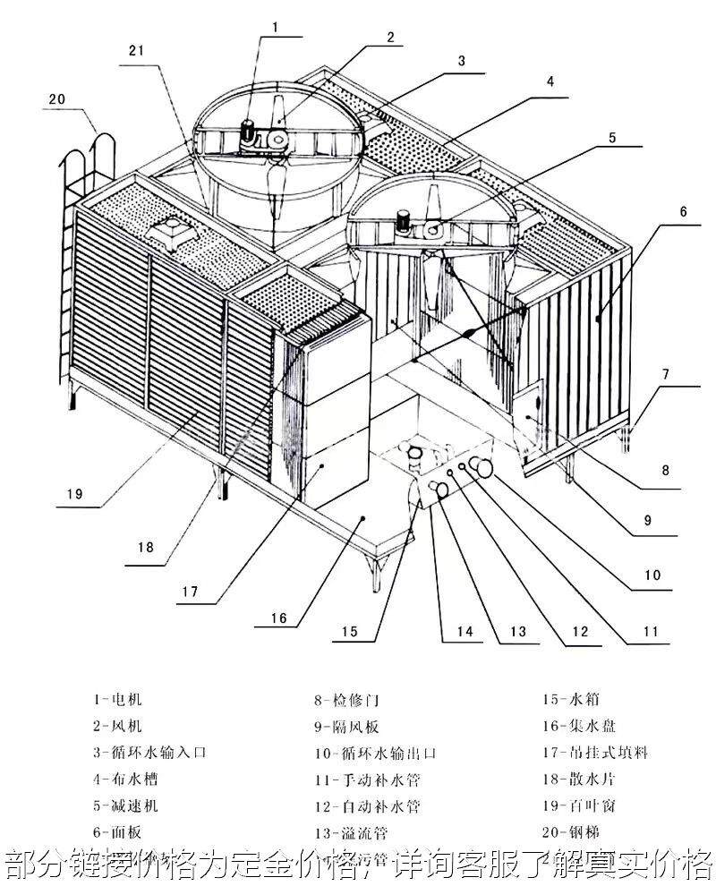 冷却塔唐山加工方形塔玻璃钢散热降温600吨冷水塔设备维修配件l01
