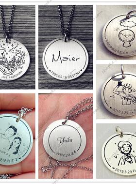新款圆牌项链 定刻制刻字照片情DIY图案纯银圆形男女锁骨侣链七夕