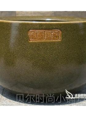 新款镇景件德缸陶瓷器仿古茶叶末釉聚宝盆睡莲荷花鱼玄关摆小鱼盆