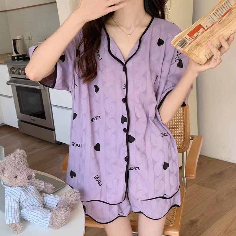 睡衣女夏季开衫短袖2024年新款女士春夏天薄款家居服套装KLM_萌妹子outlet店_女士内衣/男士内衣/家居服