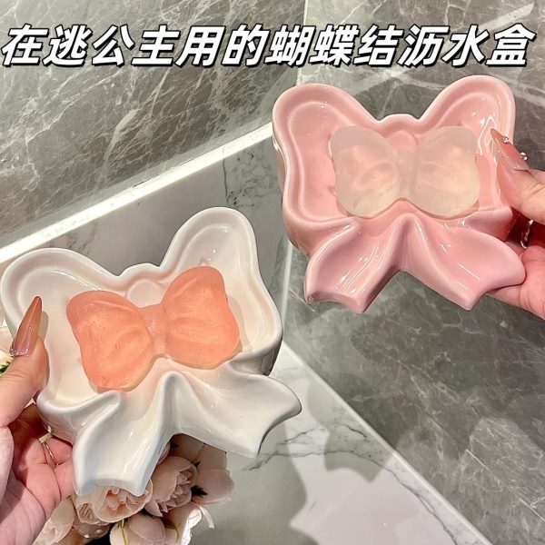 可爱收纳架蝴蝶结洗手台卫生间积皂香皂肥皂盒沥水碟创意水陶瓷不