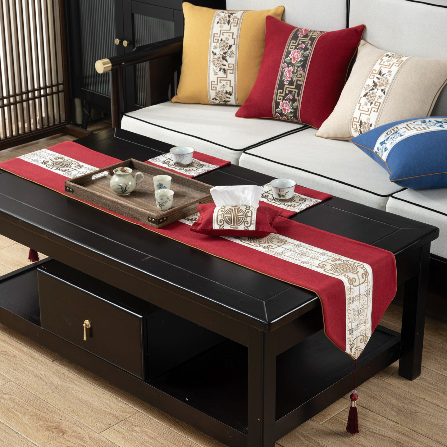 新中式防水桌旗禅意中国风客厅餐桌布艺电视柜鞋柜床尾巾盖布定制,居家布艺,桌旗,淘宝优惠券,粉丝福利购,淘宝优惠卷