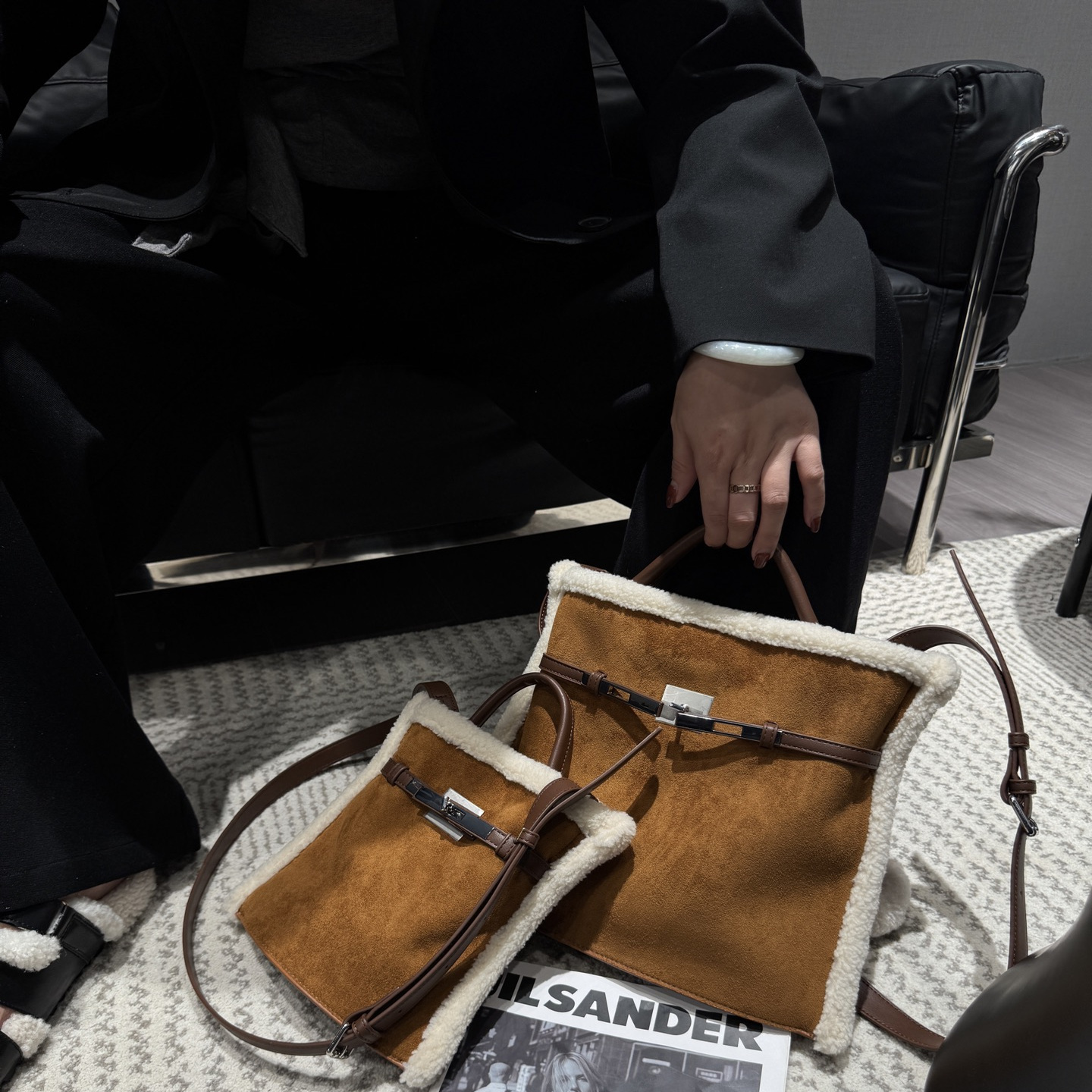 秋冬新款羊羔毛拼接凯莉毛毛包