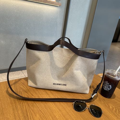 复古撞色高密度棉麻帆布托特包女