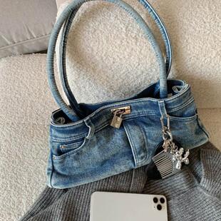 做旧水洗牛仔复古裤 头包小众设计长柄单肩手提斜跨托特包百搭纯色