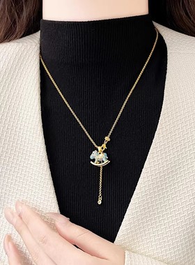 秋冬珐琅彩蓝色小马项链女小众设计感毛衣链本命年气质配饰品