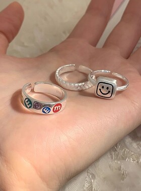 韩版ins时尚925纯银彩色滴釉笑脸M豆戒指女可爱小众开口食指指环