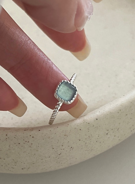 ins极简风海蓝宝方形戒指女宝石小众设计感百搭小清新开口指环女