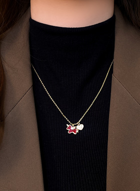 本命年微镶爱心红色小马项链复古轻奢感毛衣链秋冬气质配饰品