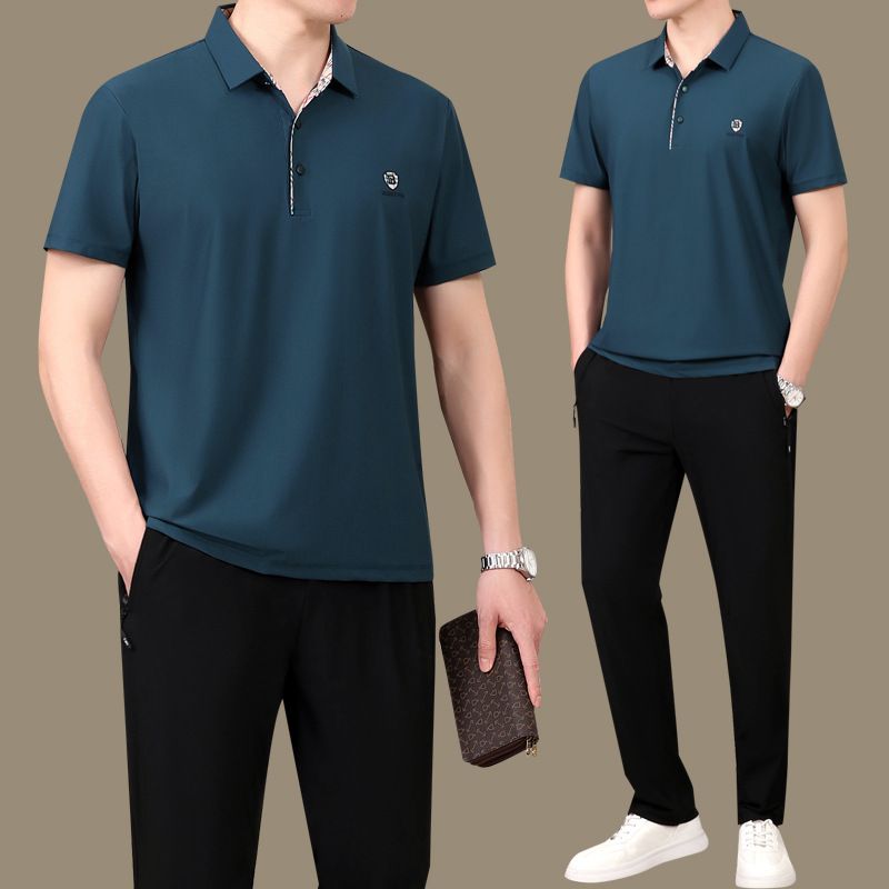 胖东来中老年休闲运动服套装男夏季冰丝短袖爸爸装polo衫两件套速