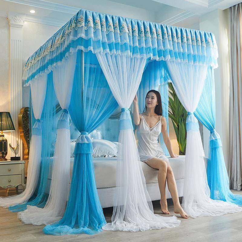 爆款落地双层纱宫廷蚊帐三开门加粗不锈钢方顶加厚加密公主风床帘