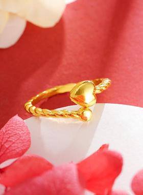 沙金戒指久不掉色小众设计高级感古典爱心指环喷砂工艺仿黄金戒指