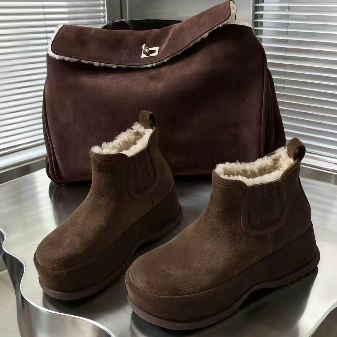 毛绒勃肯鞋女厚底保暖雪地靴短靴增高皮毛一体靴冬棉靴短筒毛毛靴