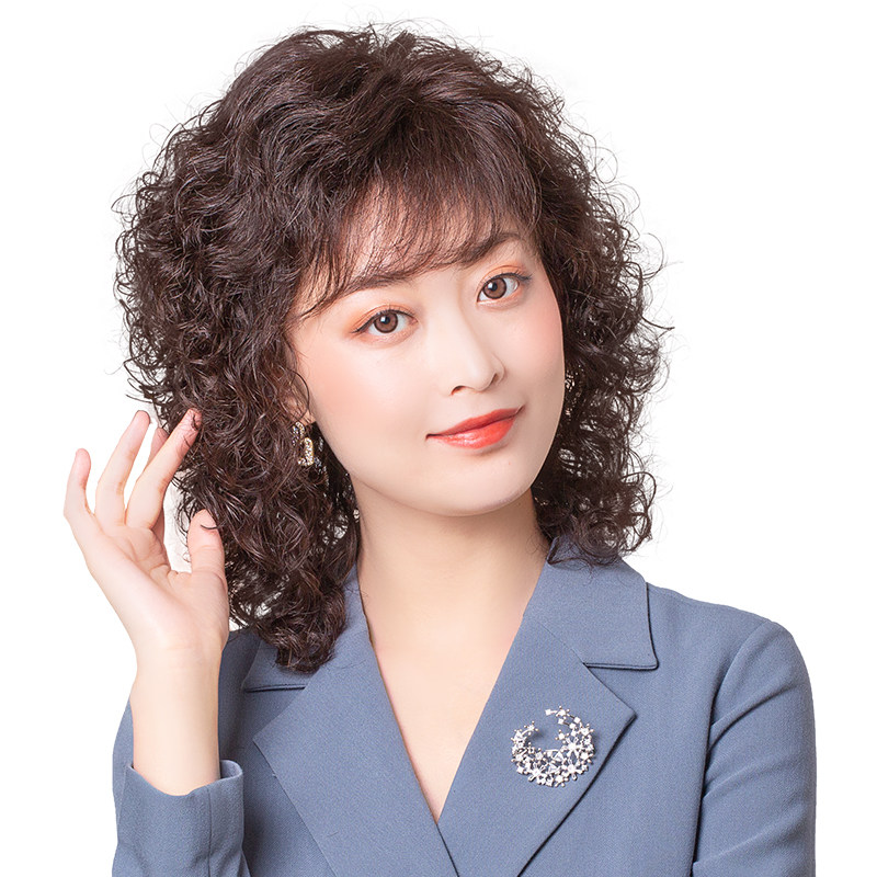 新品假发套女士斜刘海轻薄中老年中长卷发自然蓬松V全真人发丝妈