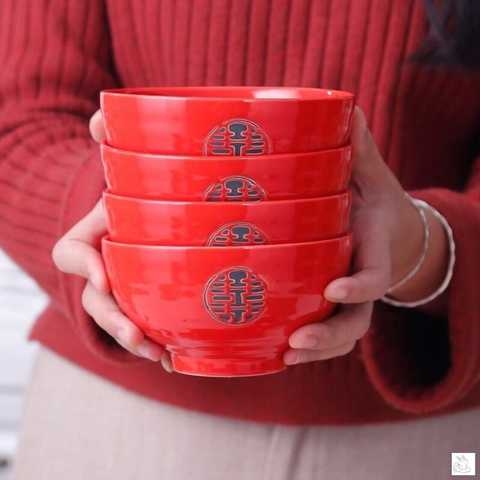 极速结婚碗筷套装陪嫁p婚庆红碗婚庆礼品用品红勺餐具礼品碗红色