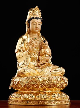 极速全铜贴金线雕衣n挂送子观音摆件家用供奉观音菩萨坐送子观世