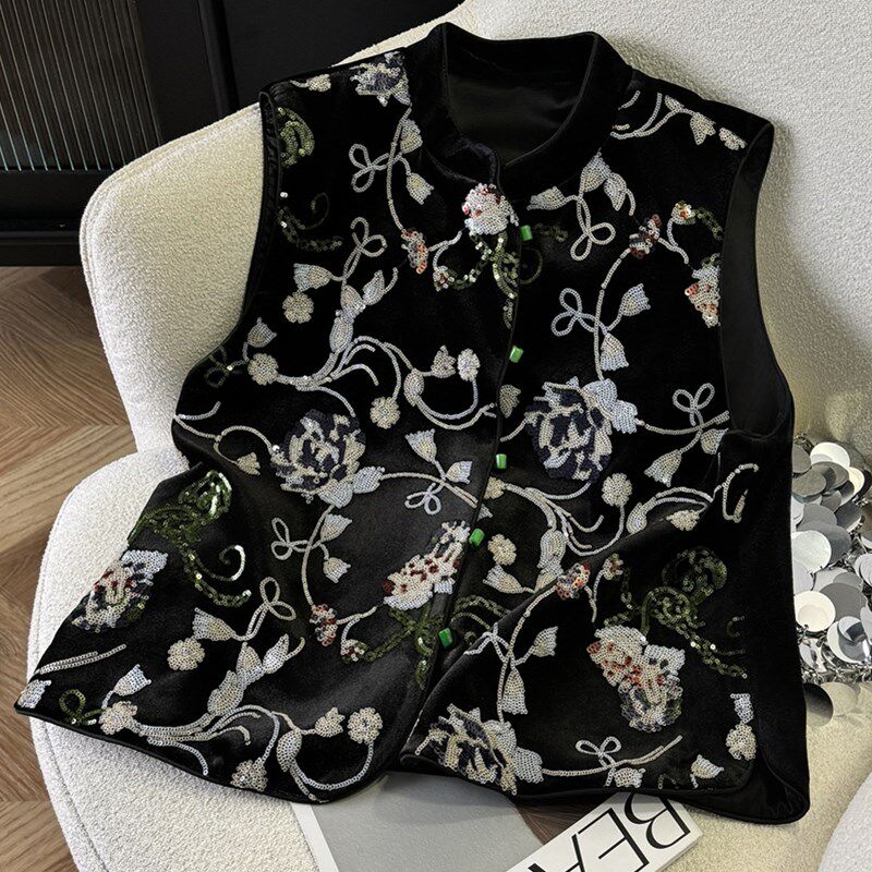 极速国风马甲背心女外穿新中式马夹女款黑色亮片R无袖坎肩上衣开