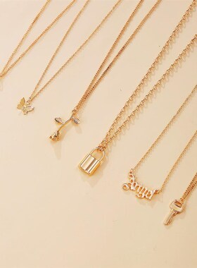 极速518d93欧美跨境多层项链 创意简约锁玫瑰吊坠项链套装6条装